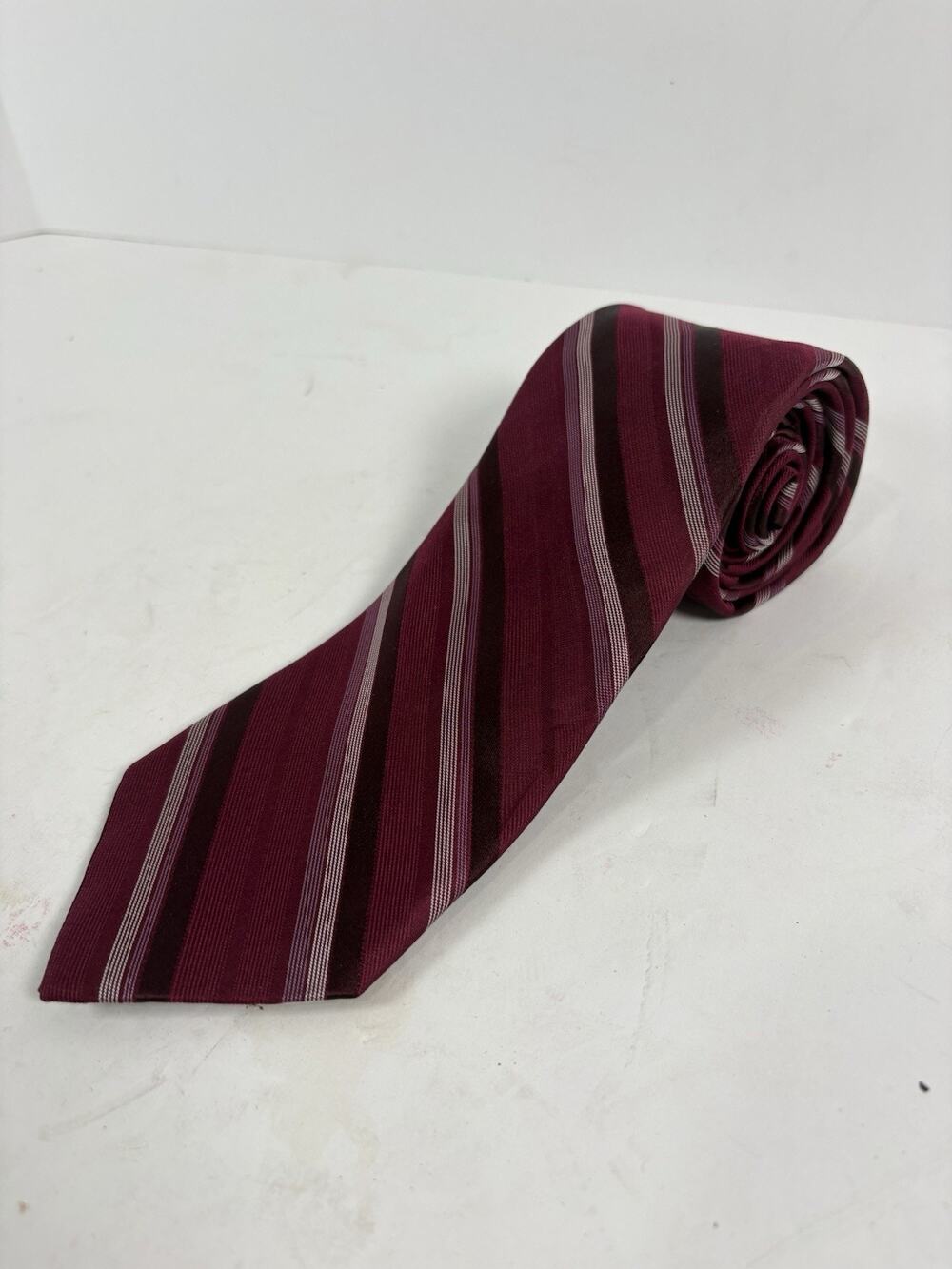 Calvin Klein Mens 100% Silk Tie Burgundy Pink Striped Designer Necktie Classic